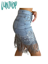 Lunivop Woman Sleek Sexy Flap Pockets Sequin Fringed Mesh Hem Skinny Denim Skirt